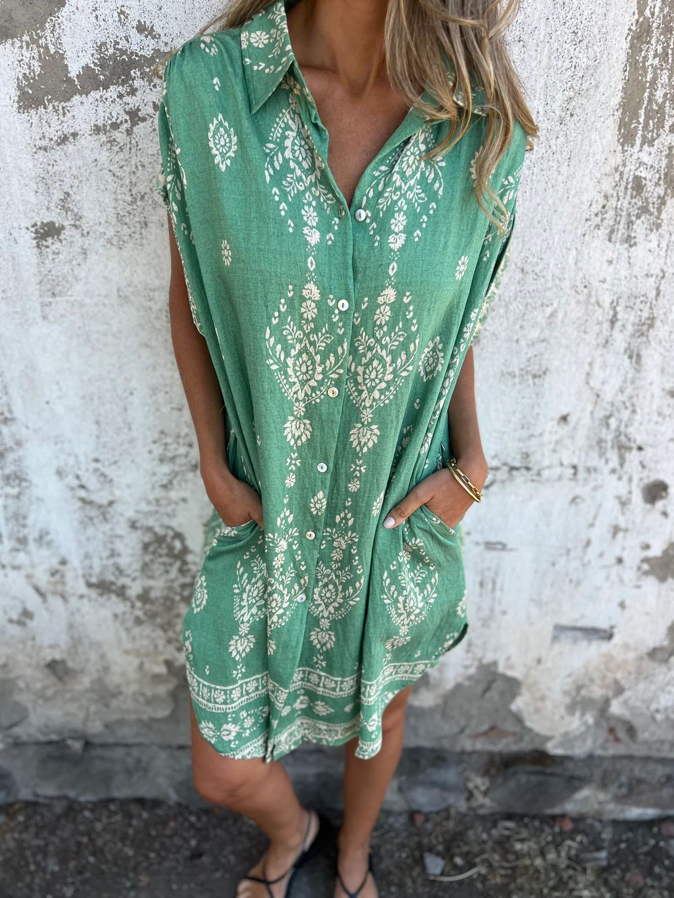 Bedrucktes Baumwoll-Leinen-Kleid mit kurzen Ärmeln & Taschen | Perfekt für Frühling & Sommer