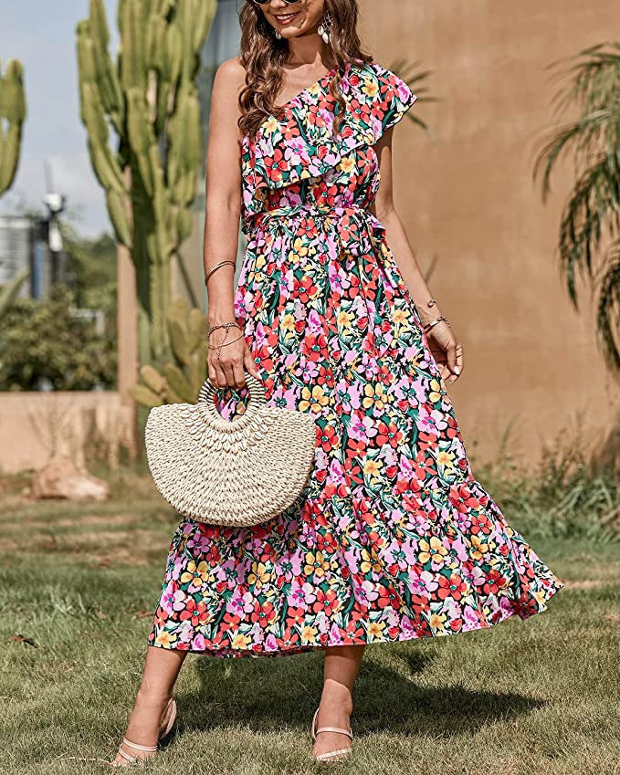 Ärmelloses Boho-Kleid mit asymmetrischer Schulter, hoher Taille und floralem Muster | Ideal für Frühling und Sommer