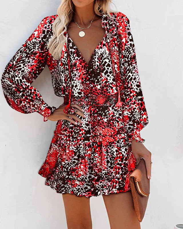 Kleid mit Blumenmuster, Patchwork und Puffärmeln, Tailliert mit Langarm | Ideal für Frühling und Herbst