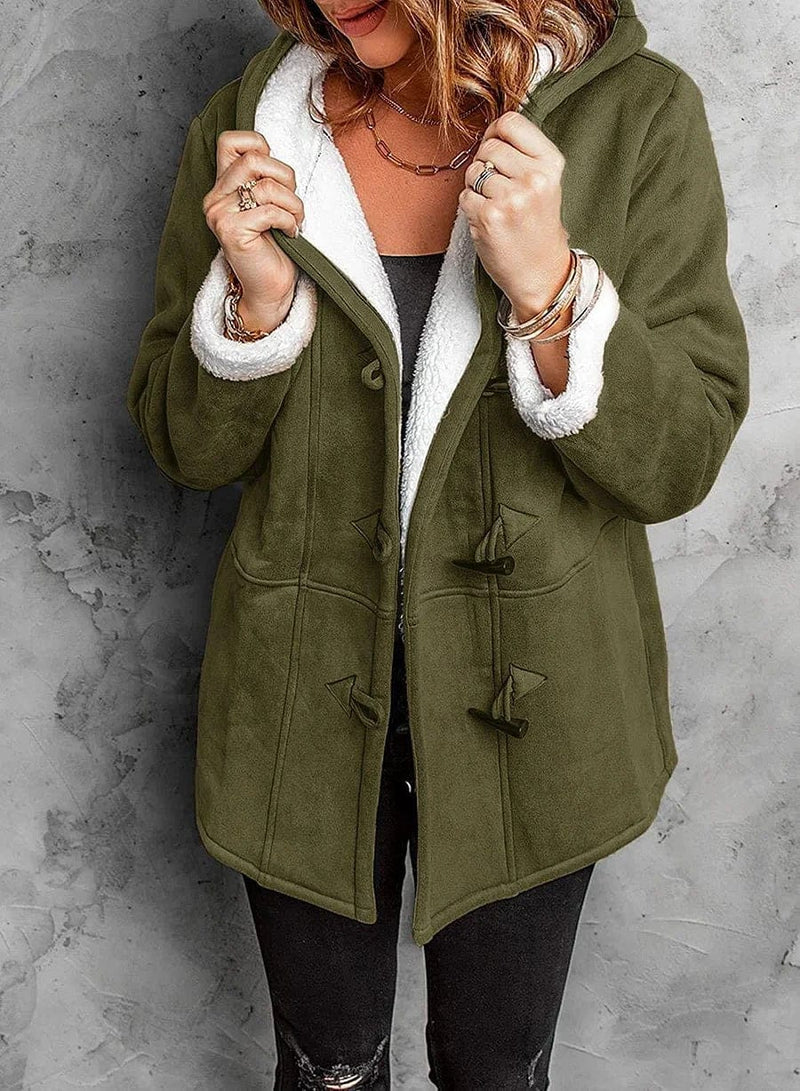 Damen-Wollmixmantel mit Kapuze und Knebelknöpfen – Ideal für den Winter