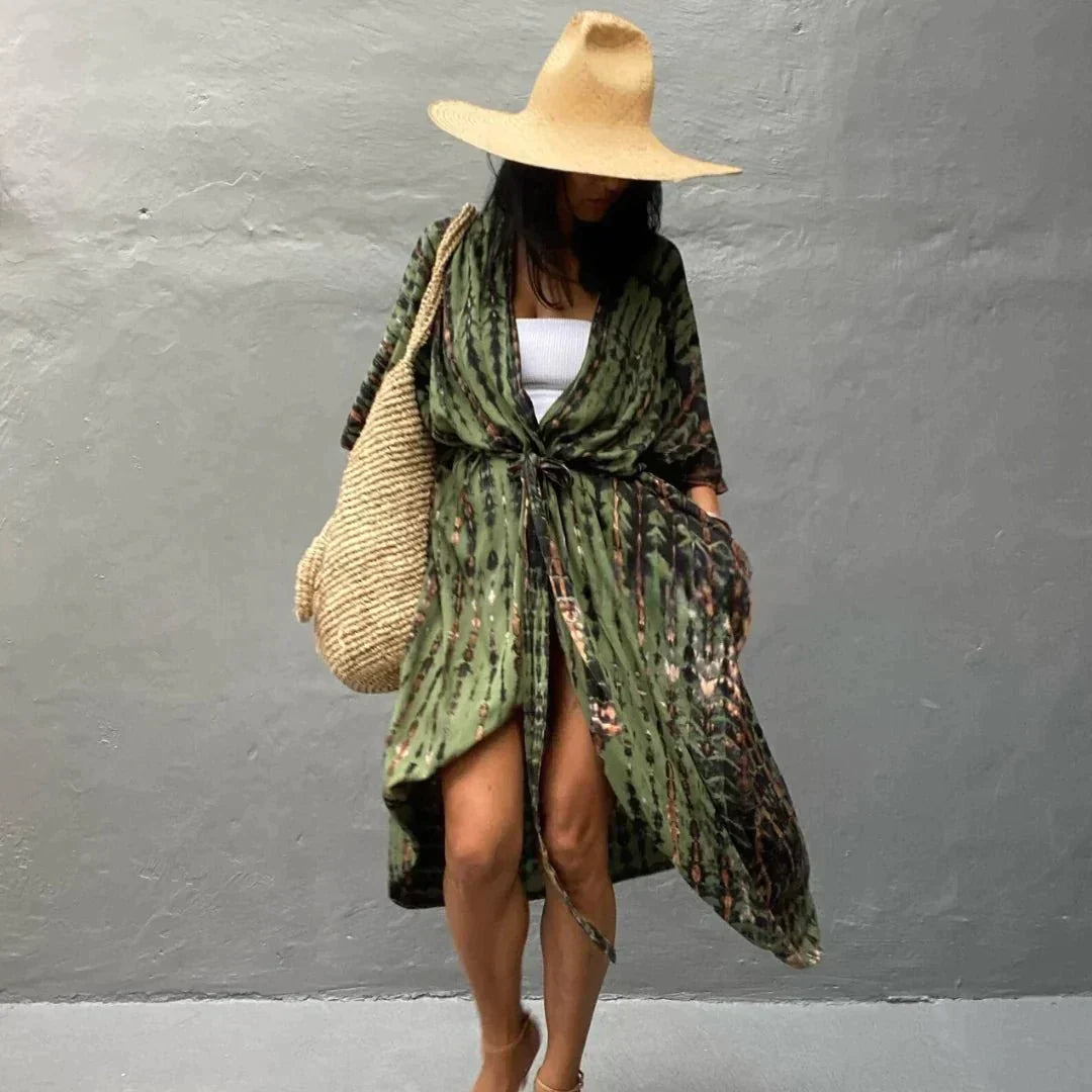 Langer Kimono Mit Fließender Silhouette In Armeegrün Für Damen | Ideal Für Frühling/Sommer