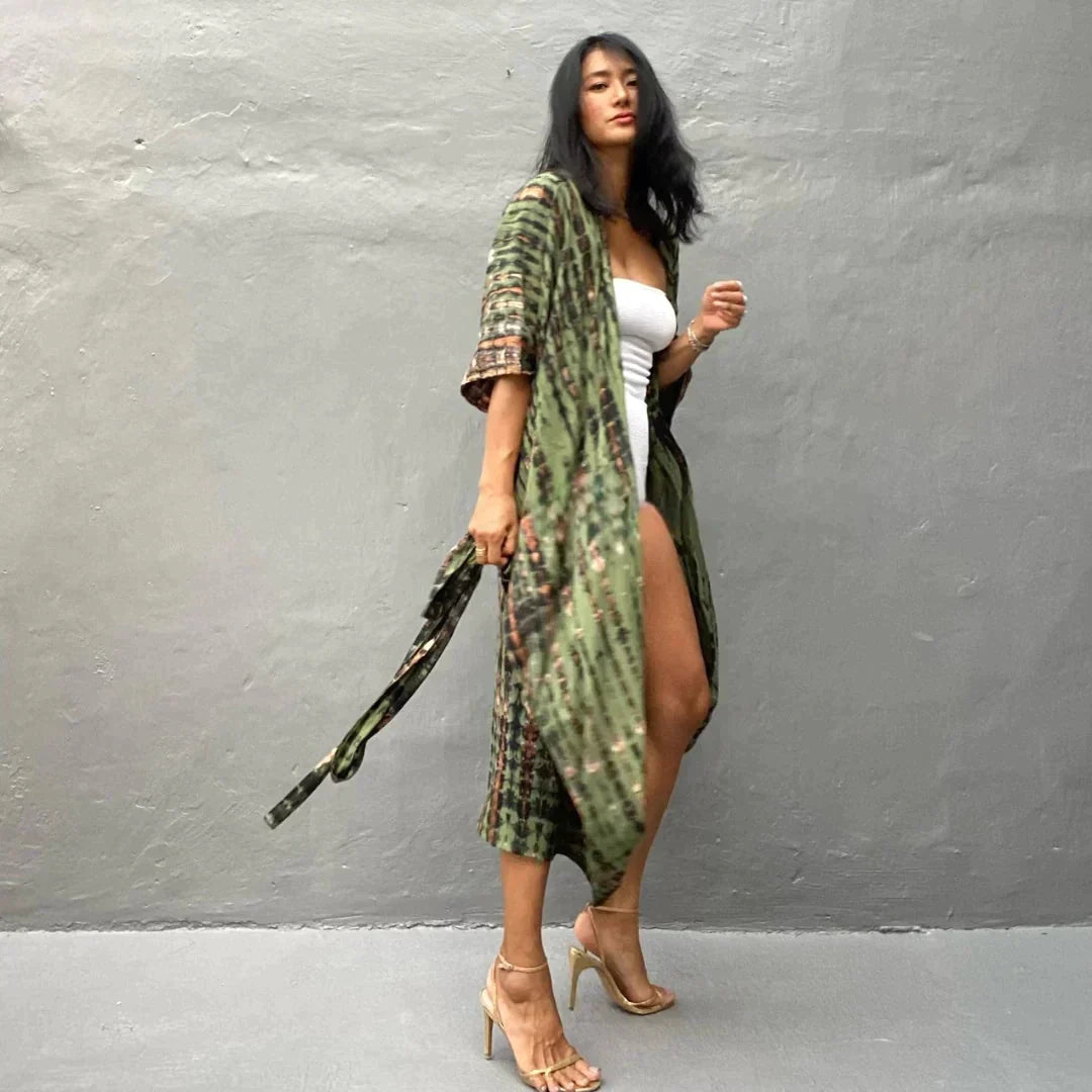 Langer Kimono Mit Fließender Silhouette In Armeegrün Für Damen | Ideal Für Frühling/Sommer