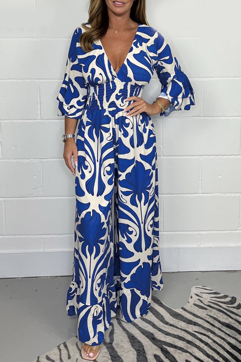 Damen Jumpsuit mit Print – Tiefer V-Ausschnitt, Ärmellos, Weites Bein, Elegante Abendmode – Ideal für Frühling & Sommer