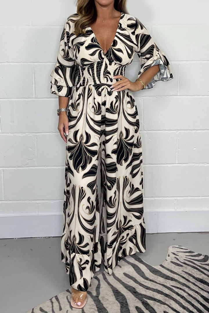 Damen Jumpsuit mit Print – Tiefer V-Ausschnitt, Ärmellos, Weites Bein, Elegante Abendmode – Ideal für Frühling & Sommer