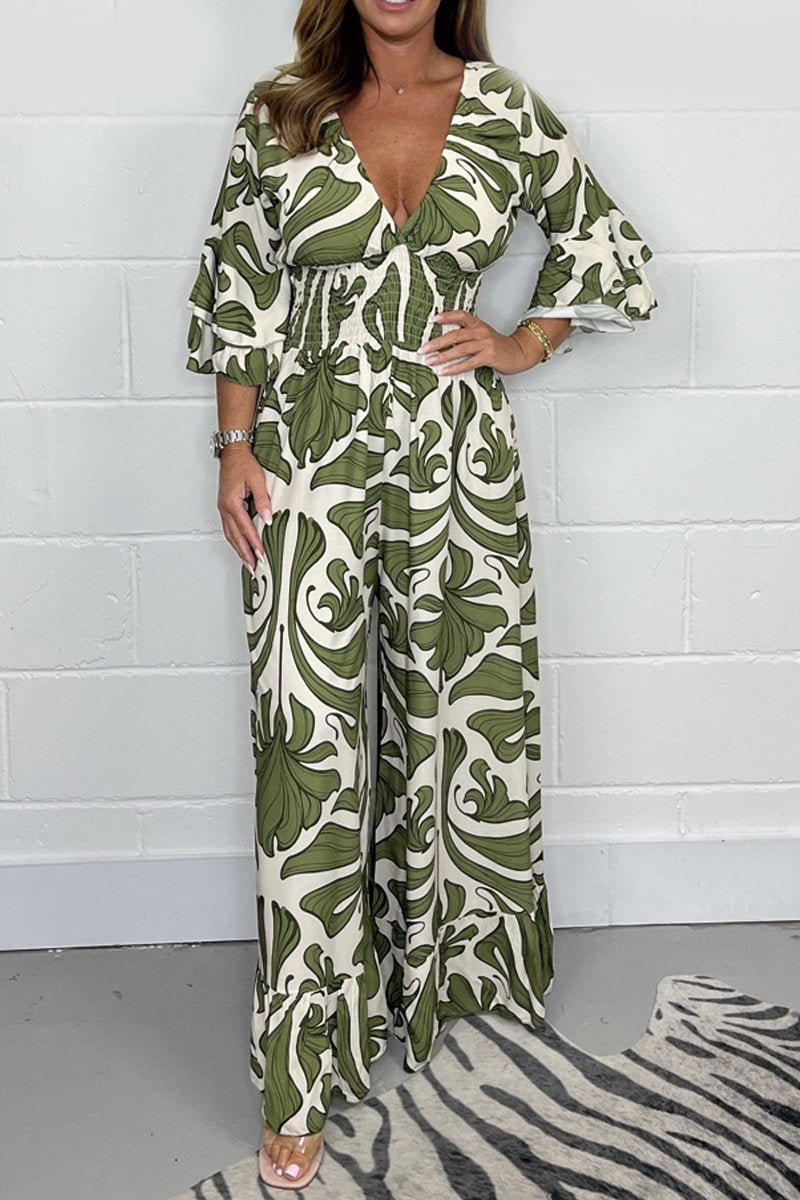 Damen Jumpsuit mit Print – Tiefer V-Ausschnitt, Ärmellos, Weites Bein, Elegante Abendmode – Ideal für Frühling & Sommer