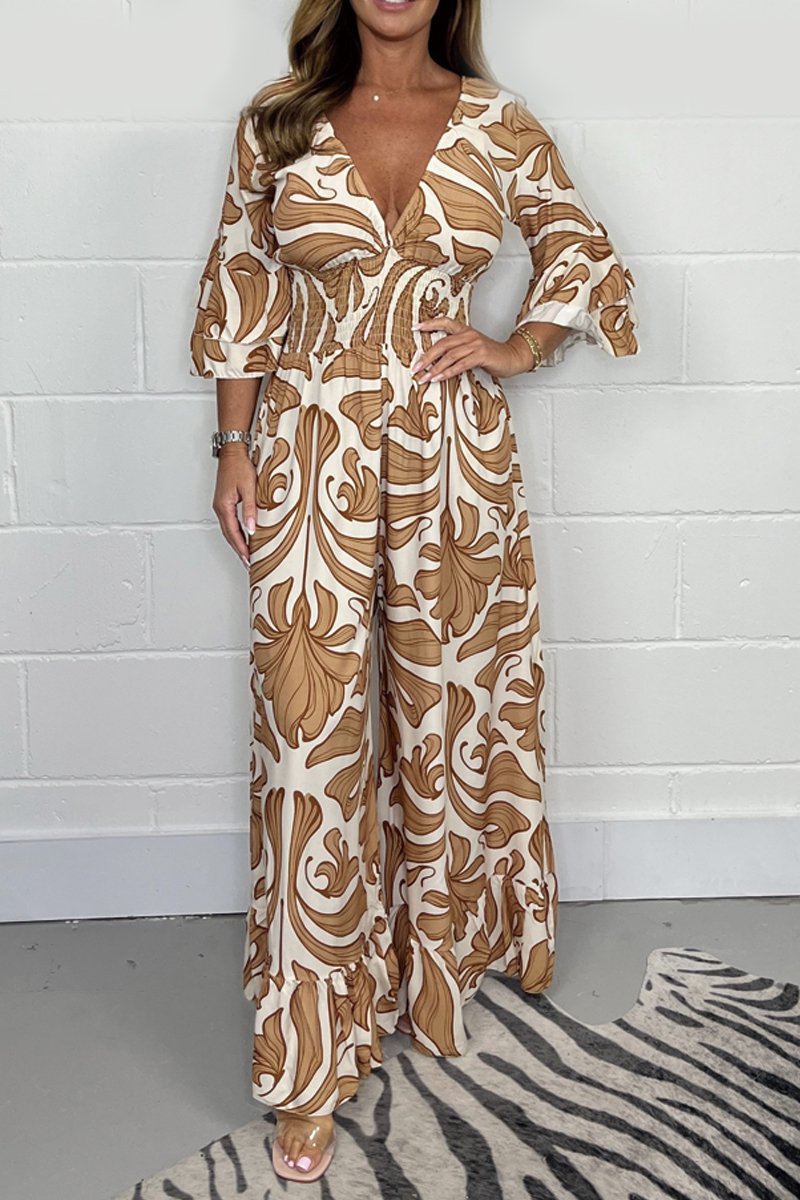 Damen Jumpsuit mit Print – Tiefer V-Ausschnitt, Ärmellos, Weites Bein, Elegante Abendmode – Ideal für Frühling & Sommer