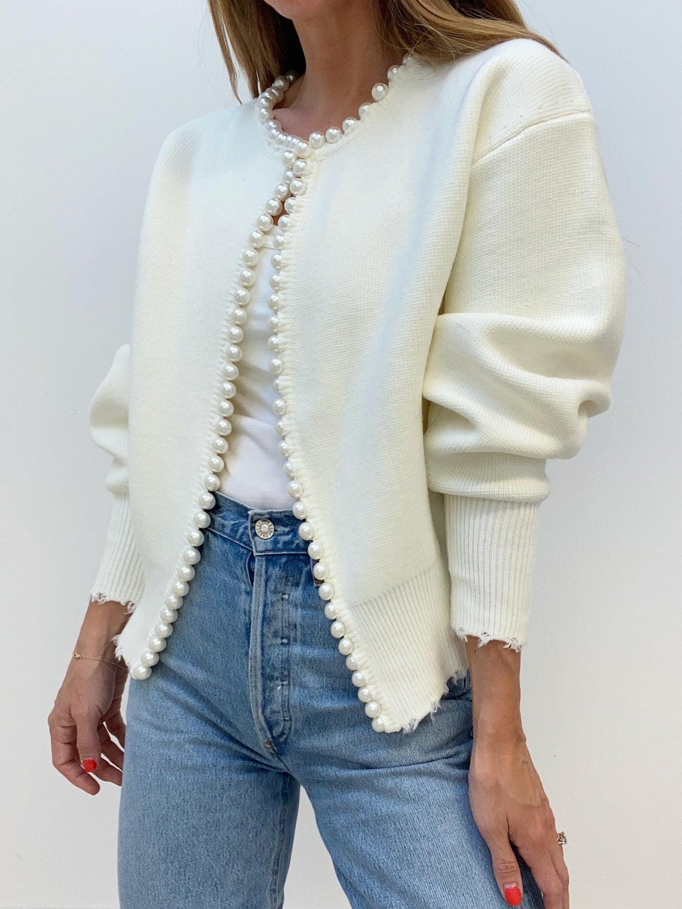 Damen Strickcardigan mit Rissen und Perlen – Warmer Langarm Pullover für Herbst/Winter