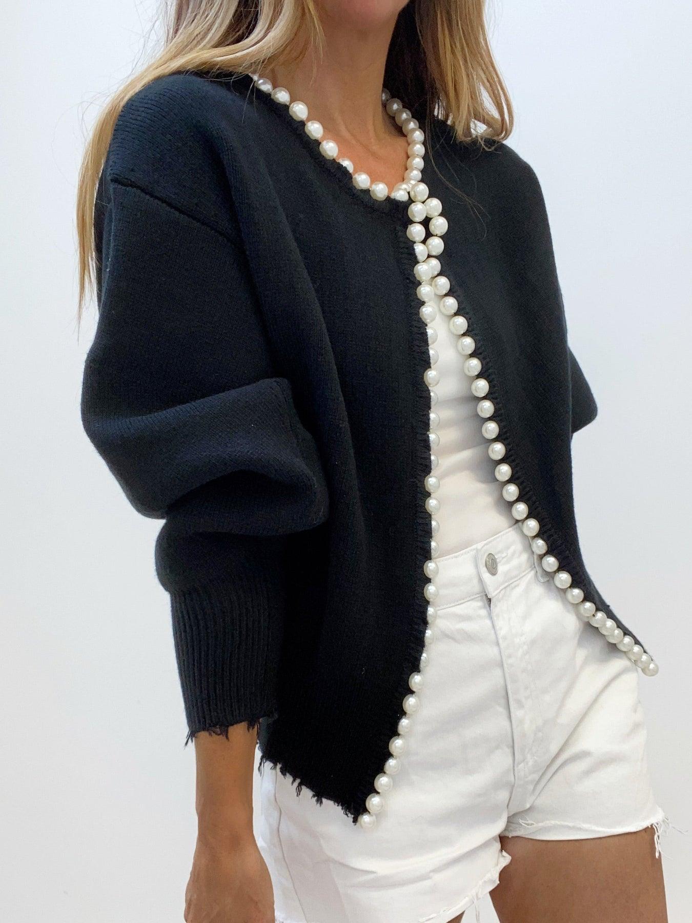 Damen Strickcardigan mit Rissen und Perlen – Warmer Langarm Pullover für Herbst/Winter