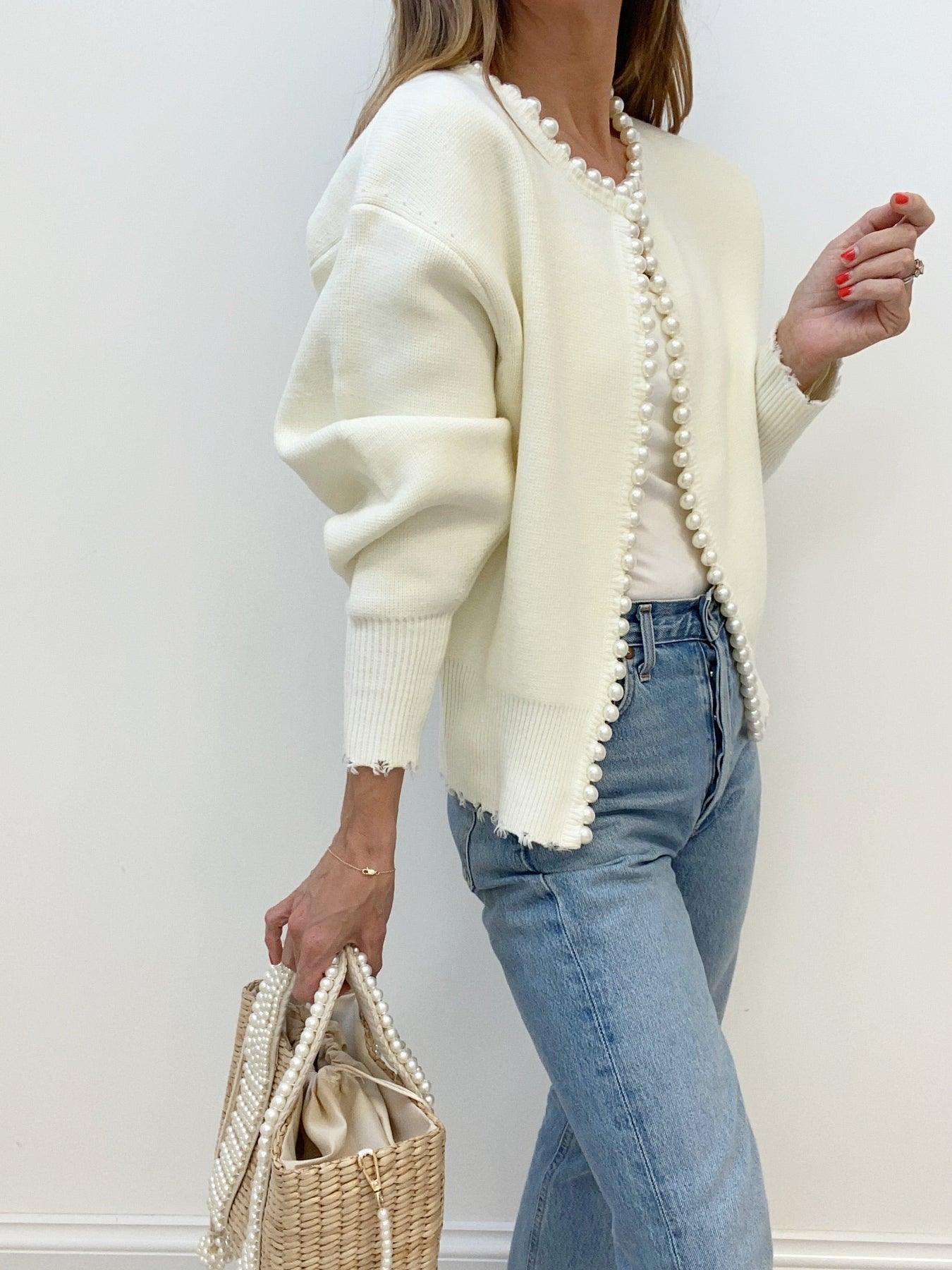 Damen Strickcardigan mit Rissen und Perlen – Warmer Langarm Pullover für Herbst/Winter
