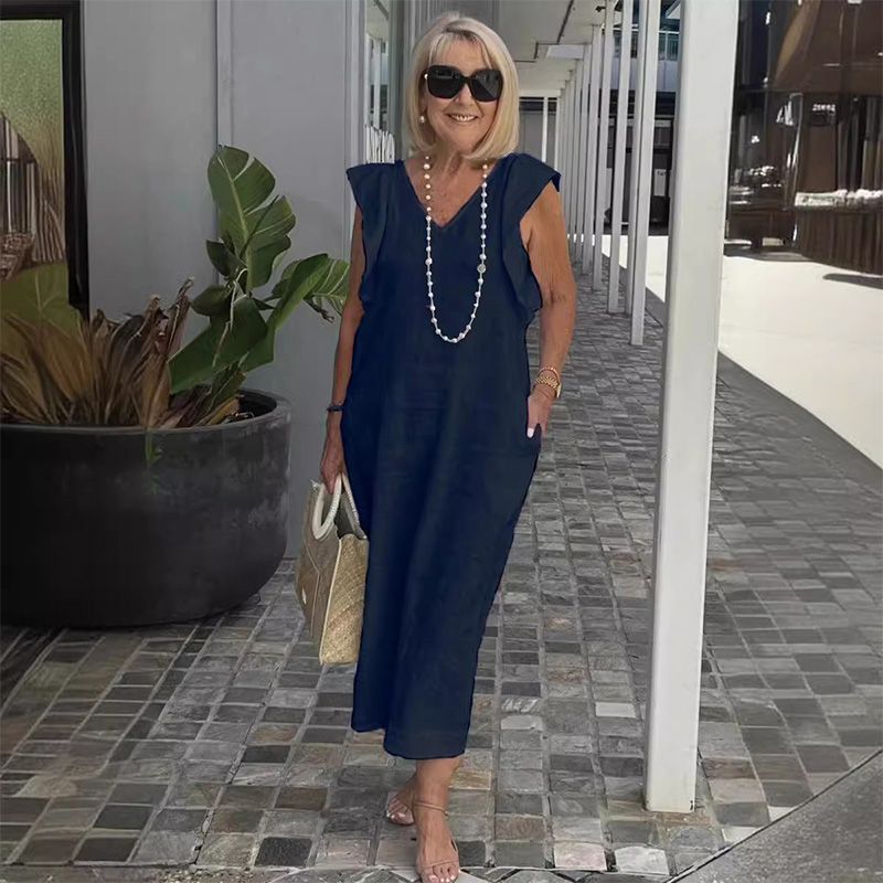 Ärmelloses Kleid mit V-Ausschnitt aus Baumwolle und Leinen - ideal für die Sommersaison