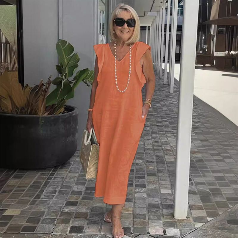 Ärmelloses Kleid mit V-Ausschnitt aus Baumwolle und Leinen - ideal für die Sommersaison