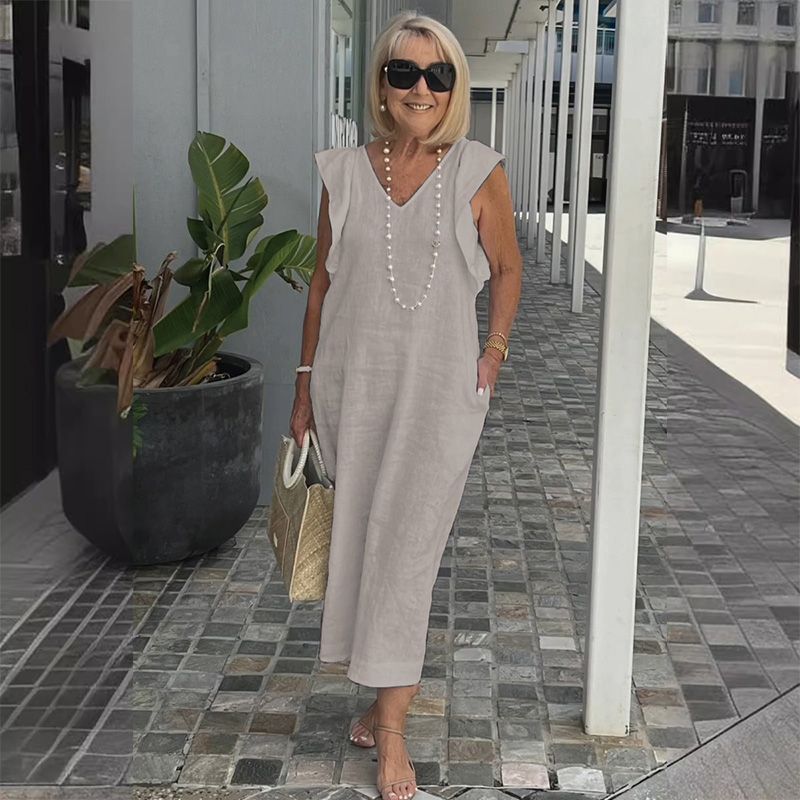 Ärmelloses Kleid mit V-Ausschnitt aus Baumwolle und Leinen - ideal für die Sommersaison