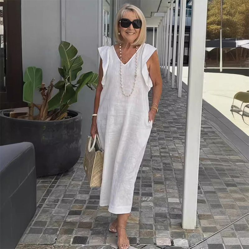 Ärmelloses Kleid mit V-Ausschnitt aus Baumwolle und Leinen - ideal für die Sommersaison