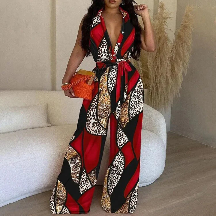 Eleganter farbenfroher Jumpsuit mit Gürtel und Kragen I ideal für Frühling/Sommer