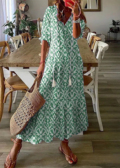 Langes Kleid mit Blumenmuster und Kordelzug-Taille | Ideal für den Sommer