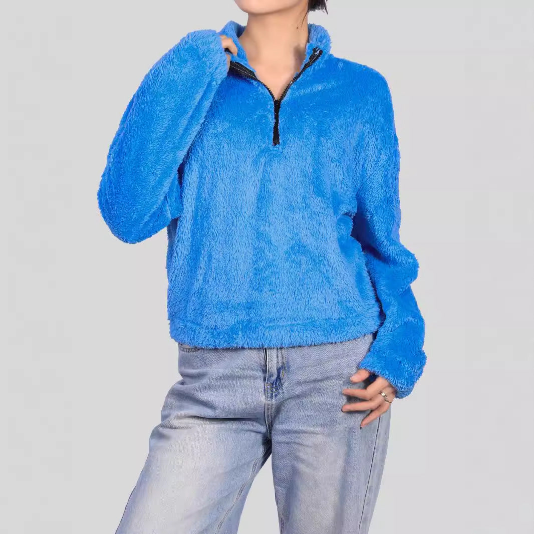 Damen Herbst-Zipper-Pullover mit halbem Stehkragen und langen Ärmeln