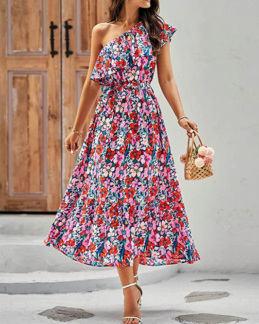 Ärmelloses Boho-Kleid mit asymmetrischer Schulter, hoher Taille und floralem Muster | Ideal für Frühling und Sommer