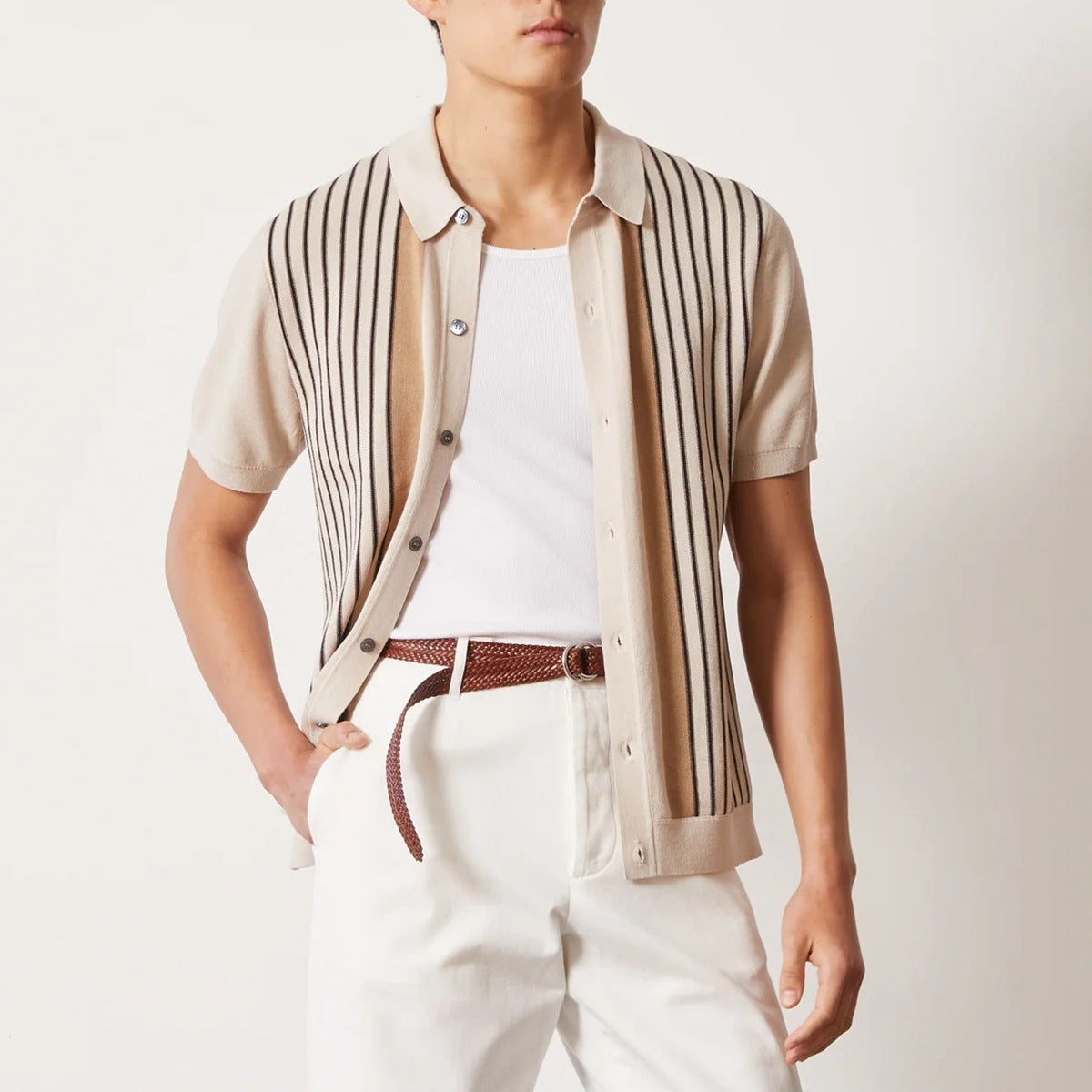 Herren-Sommer-Strick-Cardigan im Hemdstil mit Streifenmuster und kurzen Ärmeln