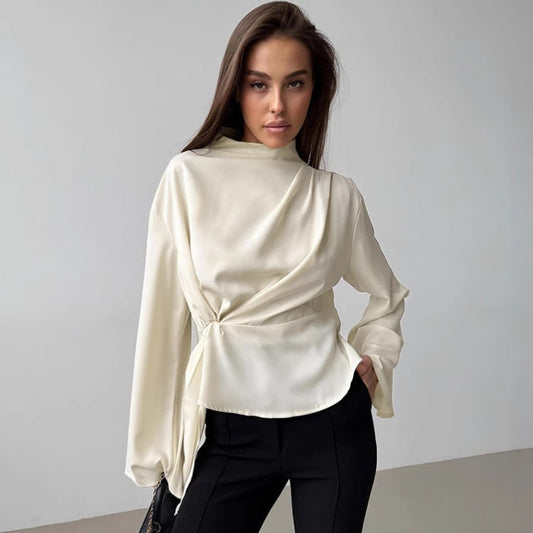 Chiffon Stehkragen Glockenärmel Plissiertes Geteiltes Hemd | Ideal für Frühling & Sommer
