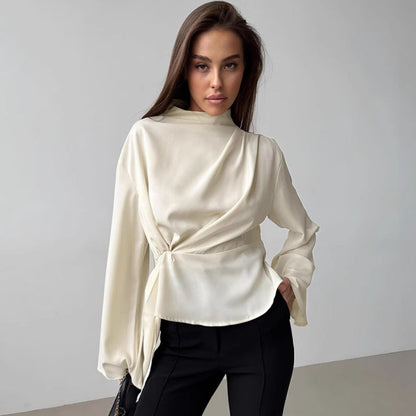 Chiffon Stehkragen Glockenärmel Plissiertes Geteiltes Hemd | Ideal für Frühling & Sommer