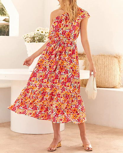 Ärmelloses Boho-Kleid mit asymmetrischer Schulter, hoher Taille und floralem Muster | Ideal für Frühling und Sommer