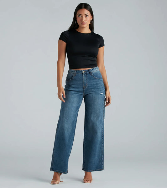 Damen Jeans Mit Weitem Bein Cargo Taschen Und Mittelhohem Bund