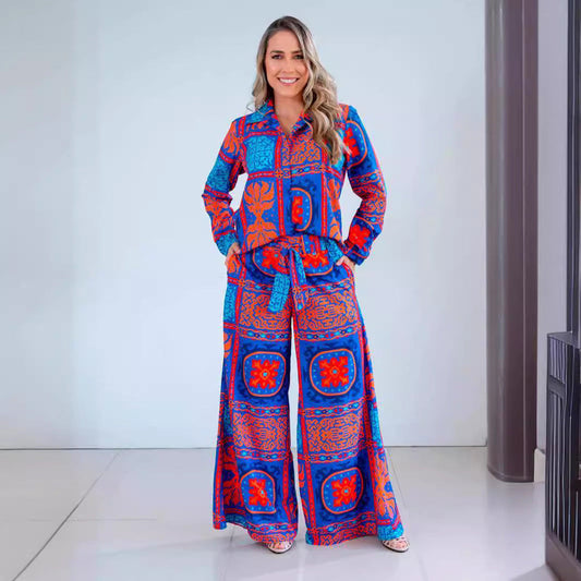 Damen-Hosenset mit bedrucktem Schnür-Top und Hose mit weitem Bein