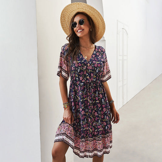 Bedrucktes V-Ausschnitt-Midikleid mit Rüschen-Saum | Perfekt für Frühling & Sommer
