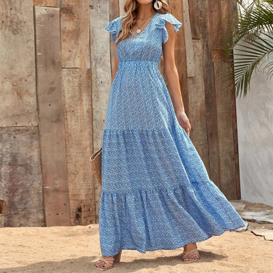 Boho-Kleid mit V-Ausschnitt, floralem Muster und kurzen Ärmeln | Ideal für den Sommer