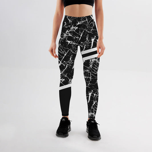 Damen-Leggings mit hoher Taille Stretch-Passform und schwarzem-weißem Marmorprint