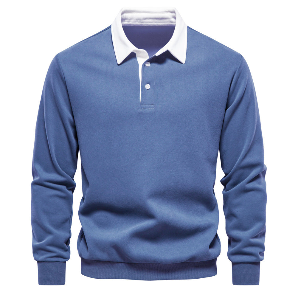 Blauer Herren-Pullover mit weißem Kragen, Langarm, klassisches Design, ideal für Freizeitmode und Business-Casual-Outfits.