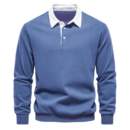 Blauer Herren-Pullover mit weißem Kragen, Langarm, klassisches Design, ideal für Freizeitmode und Business-Casual-Outfits.
