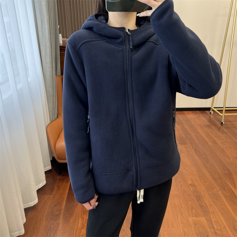 Frauen Winter Polar Fleece Hoodie Doppelseitige Dicken Reißverschluss Langarm