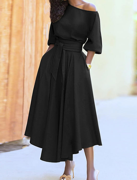 Asymmetrisches Midikleid mit Taillenband und Puffärmeln | Ideal für Frühling und Herbst