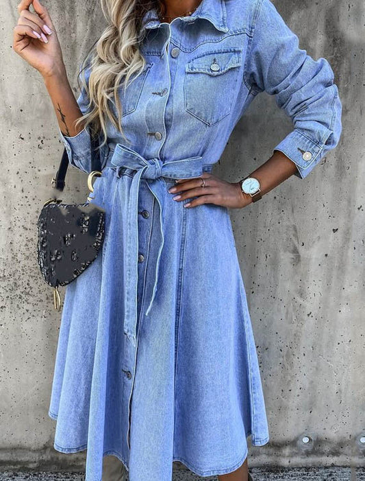Denim-Midi-Hemdkleid mit langen Ärmeln und Taschen | Ideal für Frühling und Herbst  Vielseitiges und Bequemes Jeanskleid