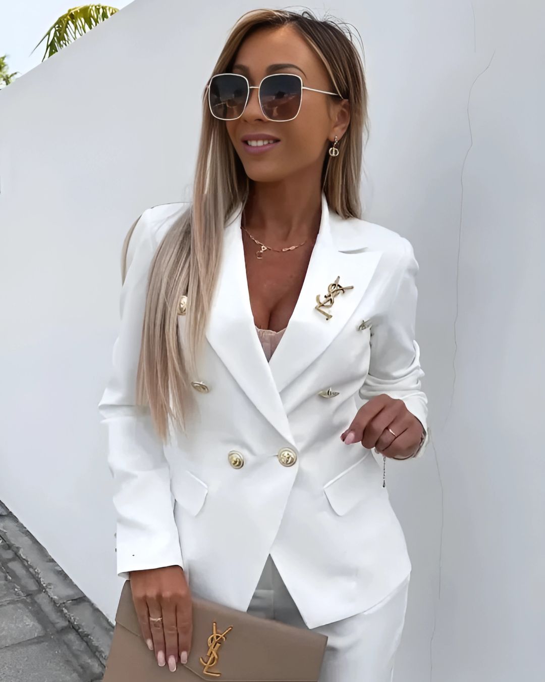 Damen Zweiteiliger Anzug mit Doppelreihigem Blazer und Gerade Geschnittenen Hosen