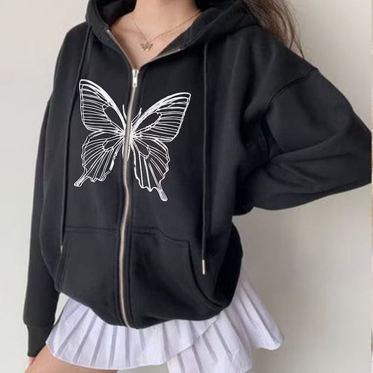 Damen Herbst-Hoodie mit Reißverschluss, lockerer Passform, Kapuze, langen Ärmeln und Fronttasche