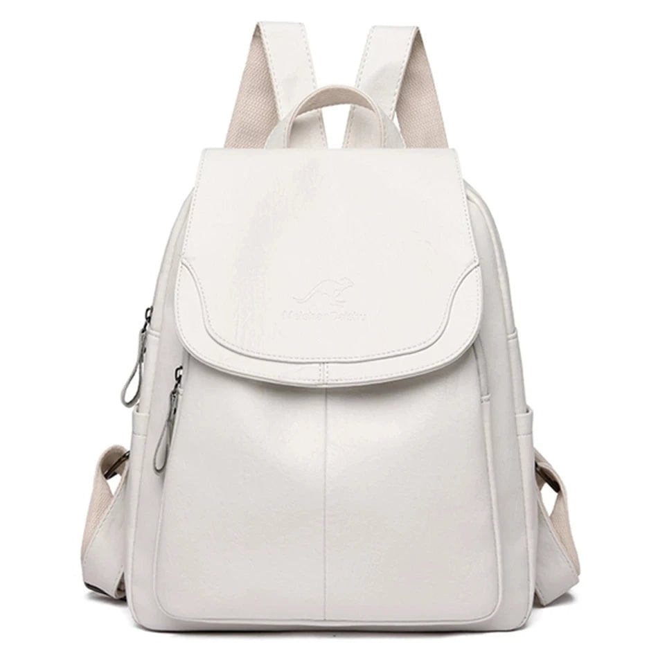 Weiße Damen-Rucksack aus Leder mit Reißverschlüssen und verstellbaren Trägern, ideal für Schule, Reisen oder Alltag. Elegantes und modernes Design.