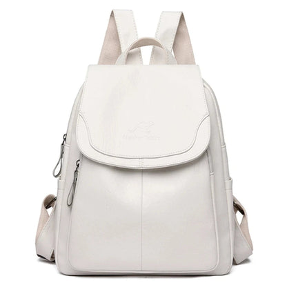 Weiße Damen-Rucksack aus Leder mit Reißverschlüssen und verstellbaren Trägern, ideal für Schule, Reisen oder Alltag. Elegantes und modernes Design.