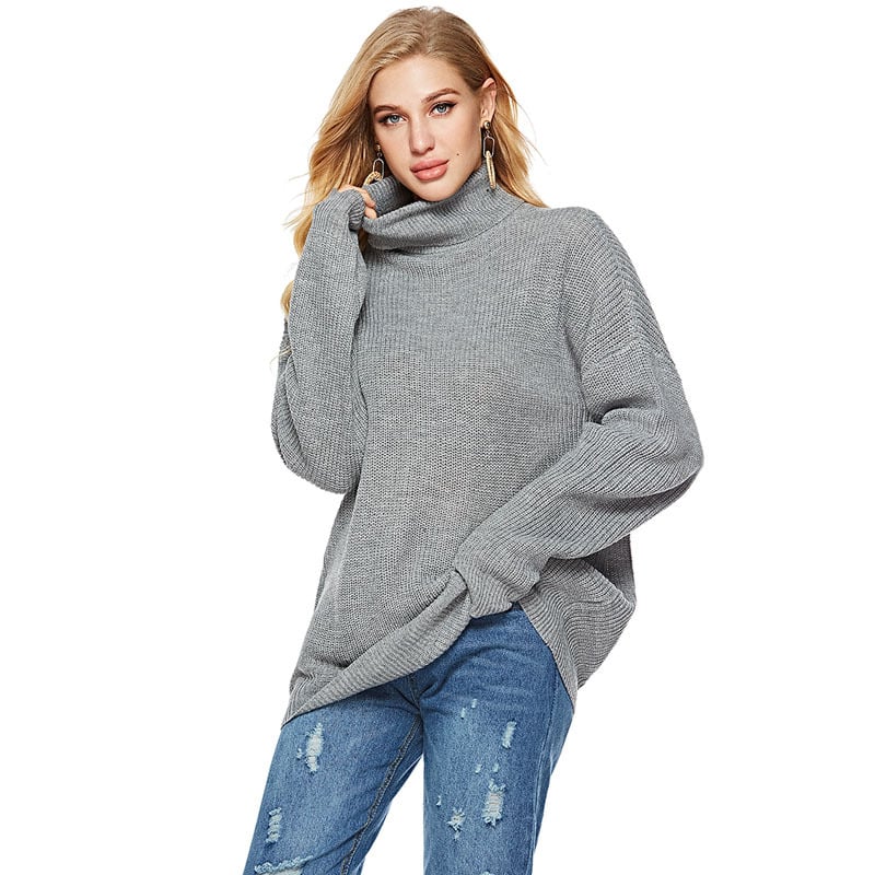 Damen Herbst-Strickpullover mit hohem Kragen, Streifenmuster, Langarm und lockerer Passform
