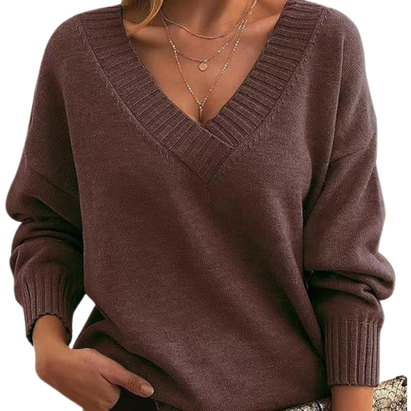Damen Winterpullover mit V-Ausschnitt, einfarbig und langen Ärmeln