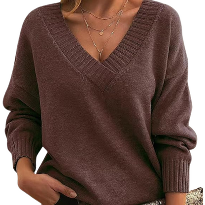 Damen Winterpullover mit V-Ausschnitt, einfarbig und langen Ärmeln