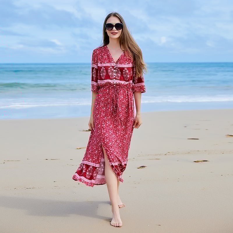 Langärmliges Plus-Size-Kleid mit Blumenmuster und V-Ausschnitt | Ideal für Frühling und Herbst