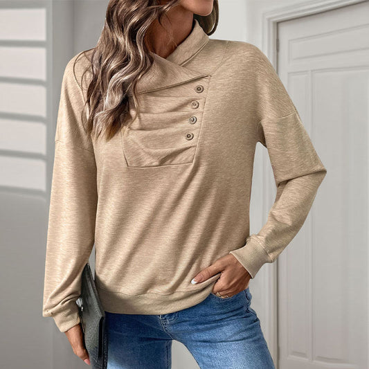 Damen Pullover für den Herbst mit Stehkragen, Faltendetails und Knopfakzenten