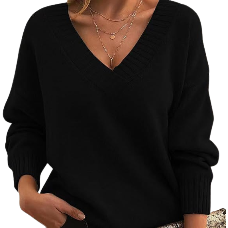 Damen Winterpullover mit V-Ausschnitt, einfarbig und langen Ärmeln