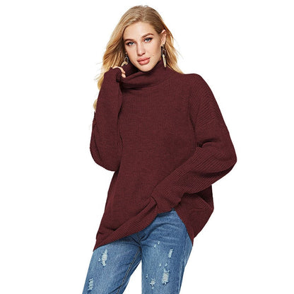 Damen Herbst-Strickpullover mit hohem Kragen, Streifenmuster, Langarm und lockerer Passform