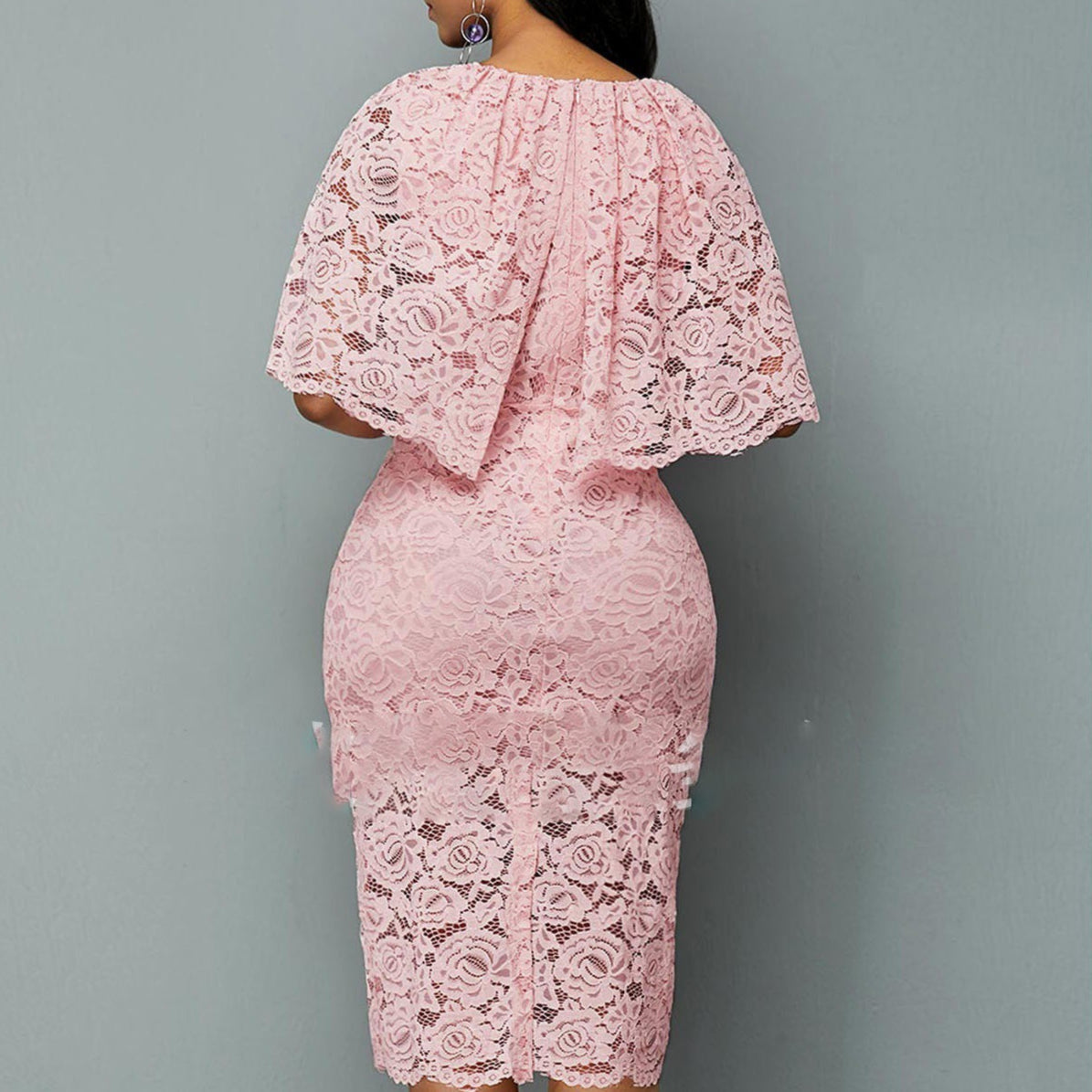 Damen-Spitzenkleid für den Frühling mit floraler Hohlstickerei und Umhangrock in Midilänge