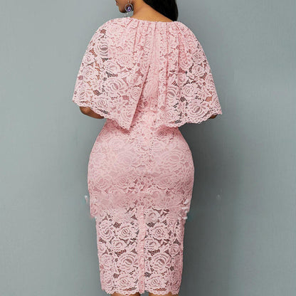 Damen-Spitzenkleid für den Frühling mit floraler Hohlstickerei und Umhangrock in Midilänge