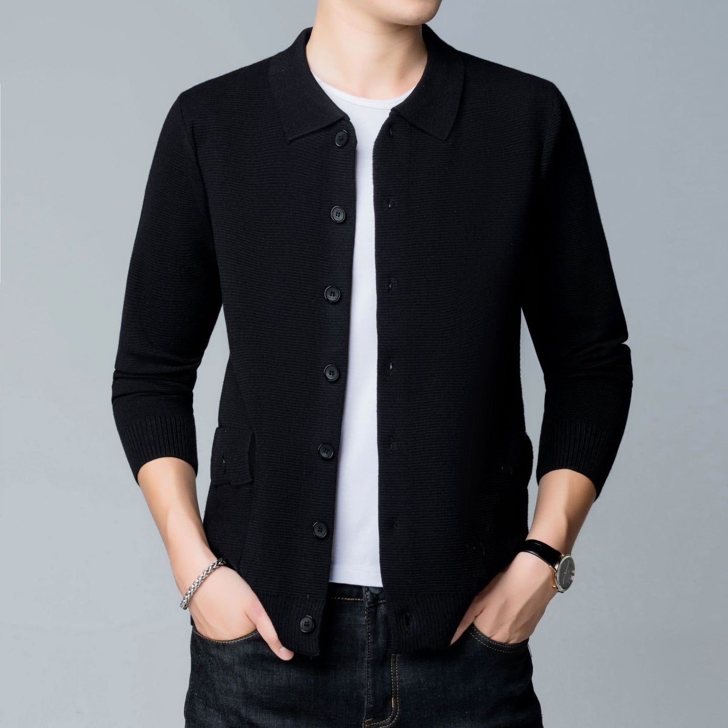 Herren-Strick-Cardigan mit Slim Fit Reverskragen langen Ärmeln und Fronttaschen