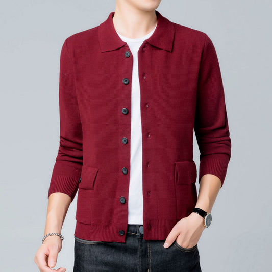 Herren-Strick-Cardigan mit Slim Fit Reverskragen langen Ärmeln und Fronttaschen